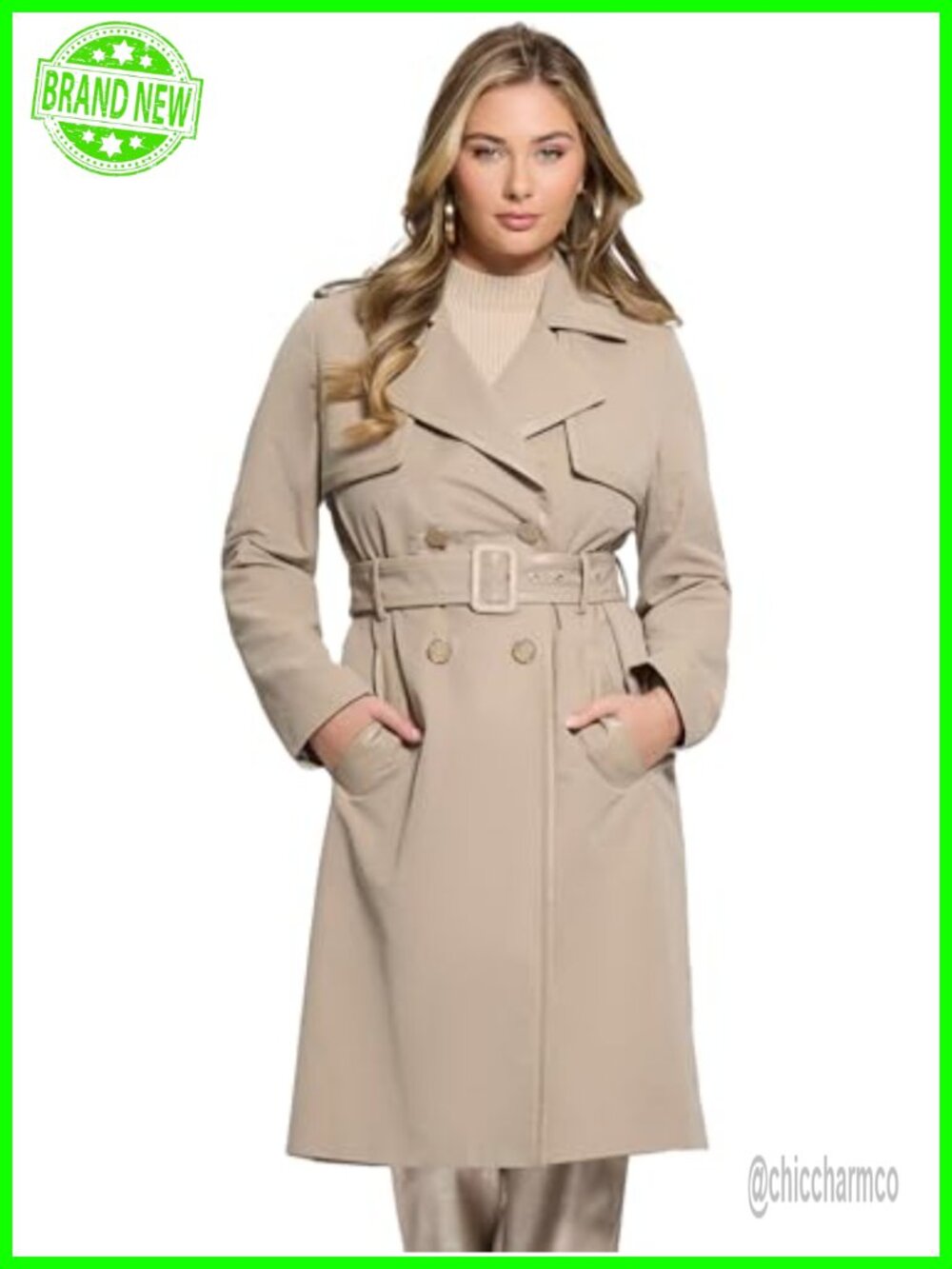 Faux Leather Details Trench Coat Button Front Waist Tie Long Sleeve